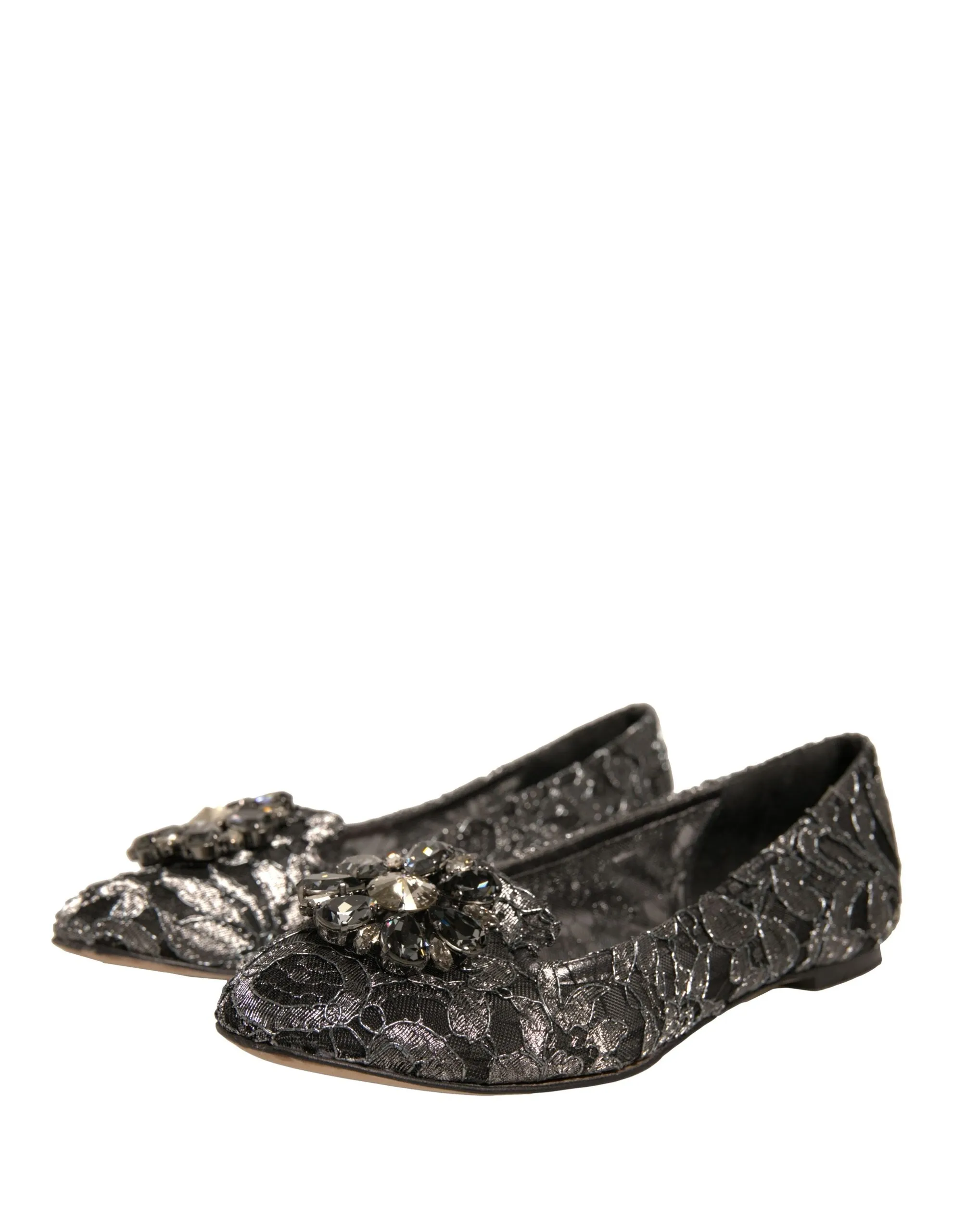 Dolce&Gabbana Women Silver Ballet Flats Nylon Crystal Floral Moccasins Sz EUR 37