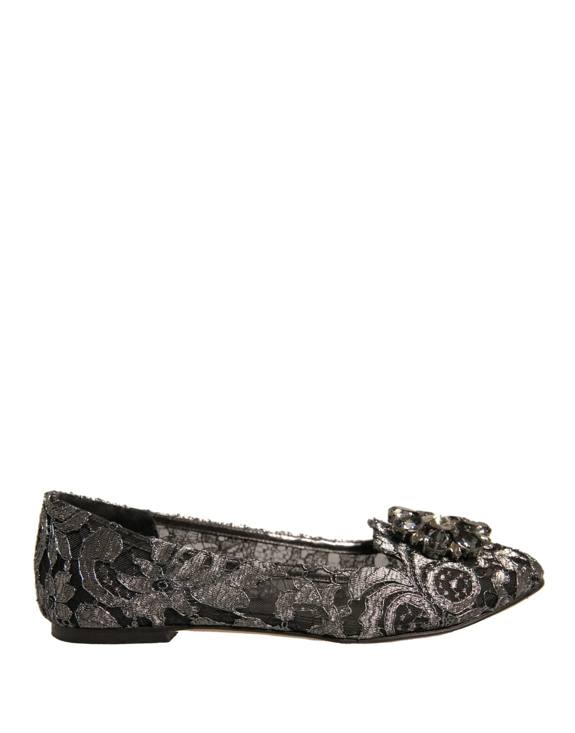 Dolce&Gabbana Women Silver Ballet Flats Nylon Crystal Floral Moccasins Sz EUR 37