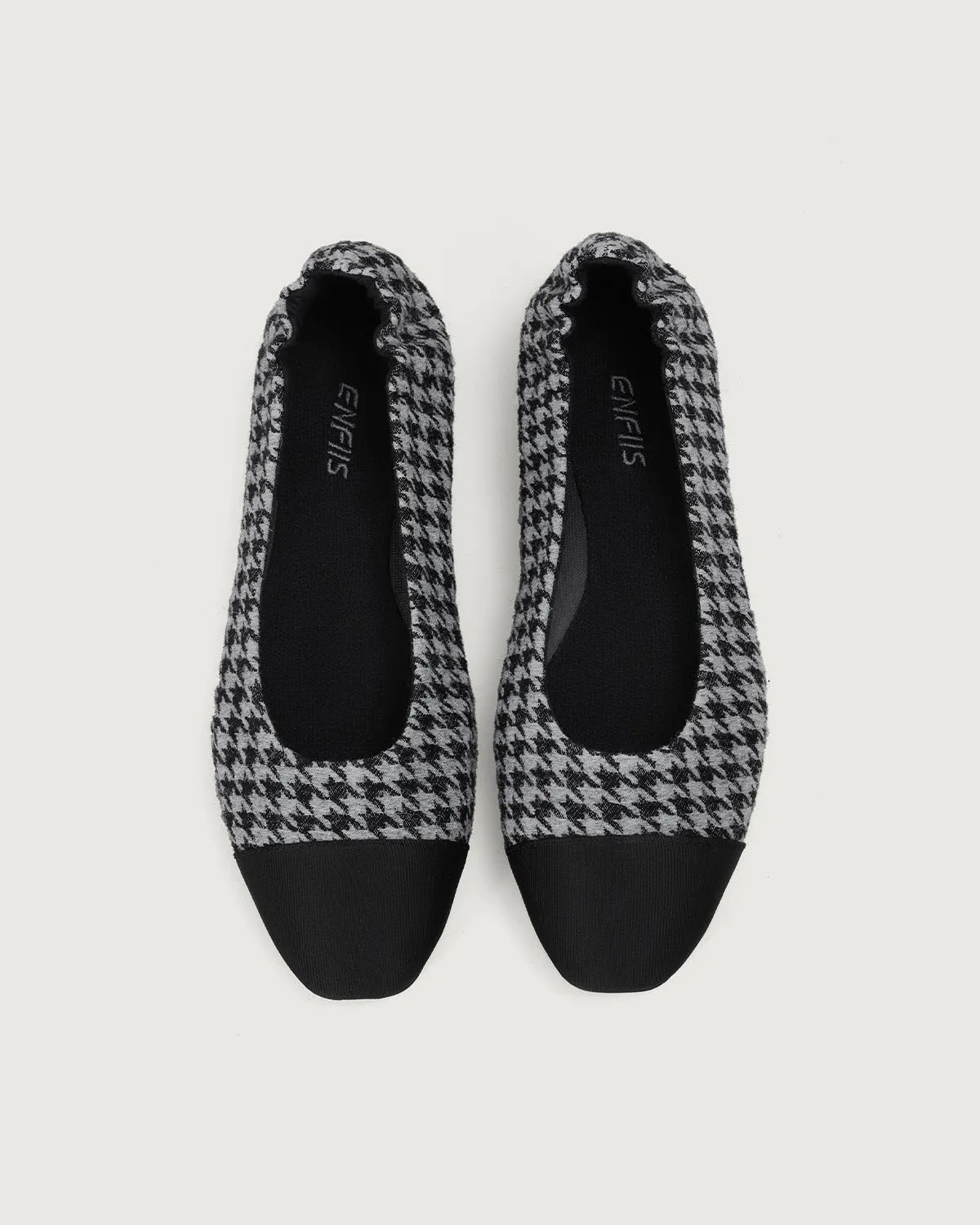 Enfiis Black and Grey Houndstooth Jacquard Square Toe Ballet Flats