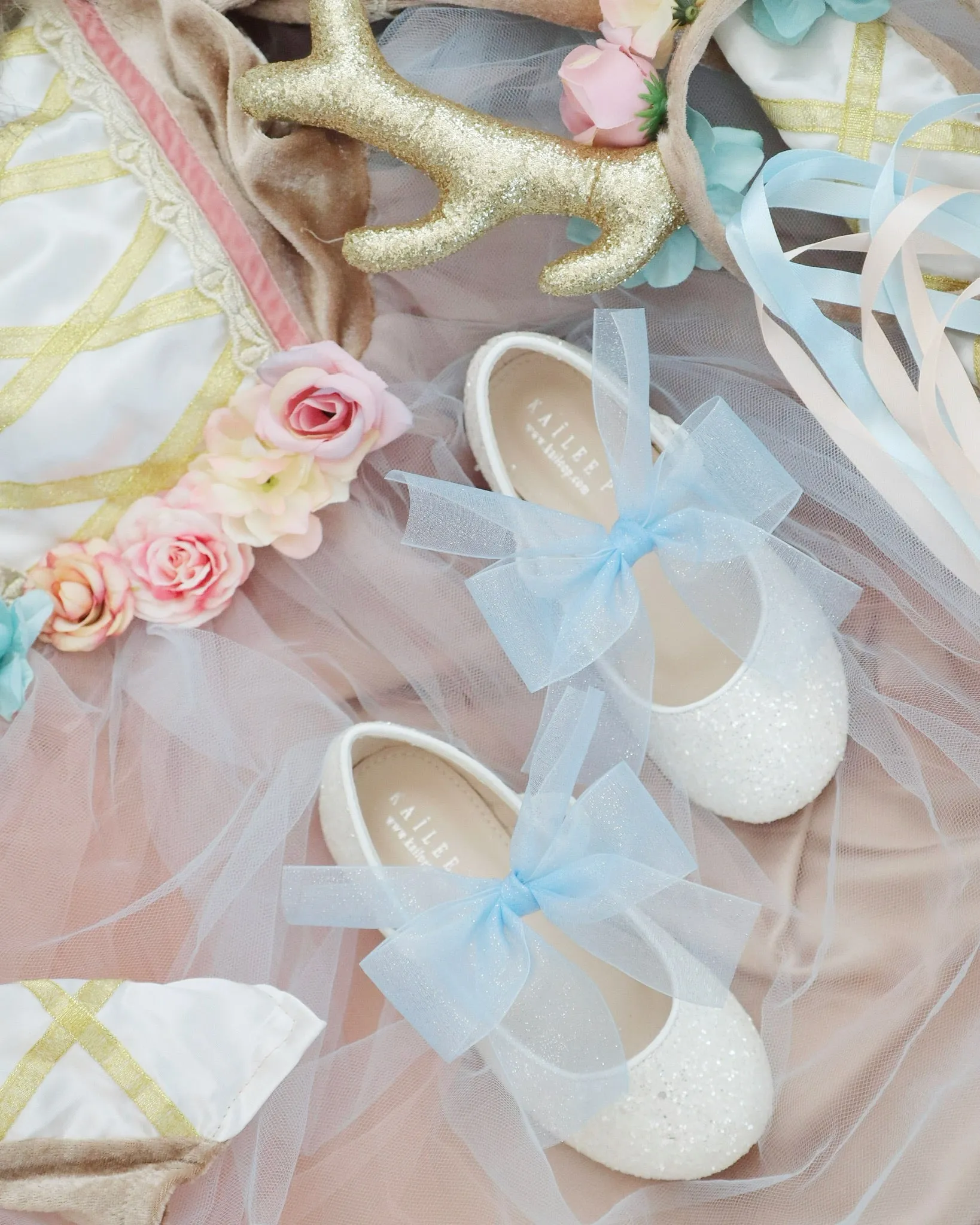 Fairy Inspired Shoes -  White Rock Glitter Mary Jane Flats with Chiffon Bow