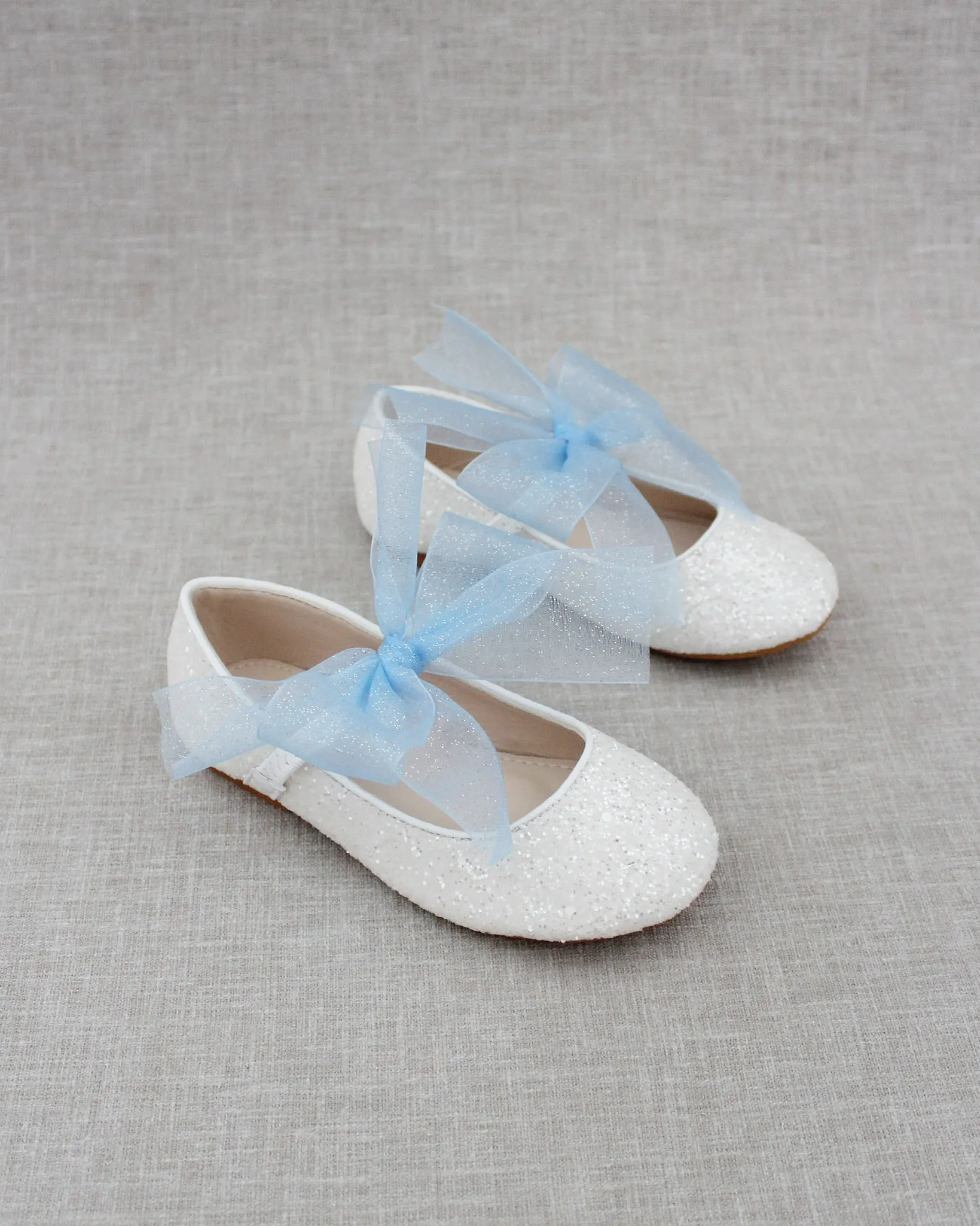 Fairy Inspired Shoes -  White Rock Glitter Mary Jane Flats with Chiffon Bow