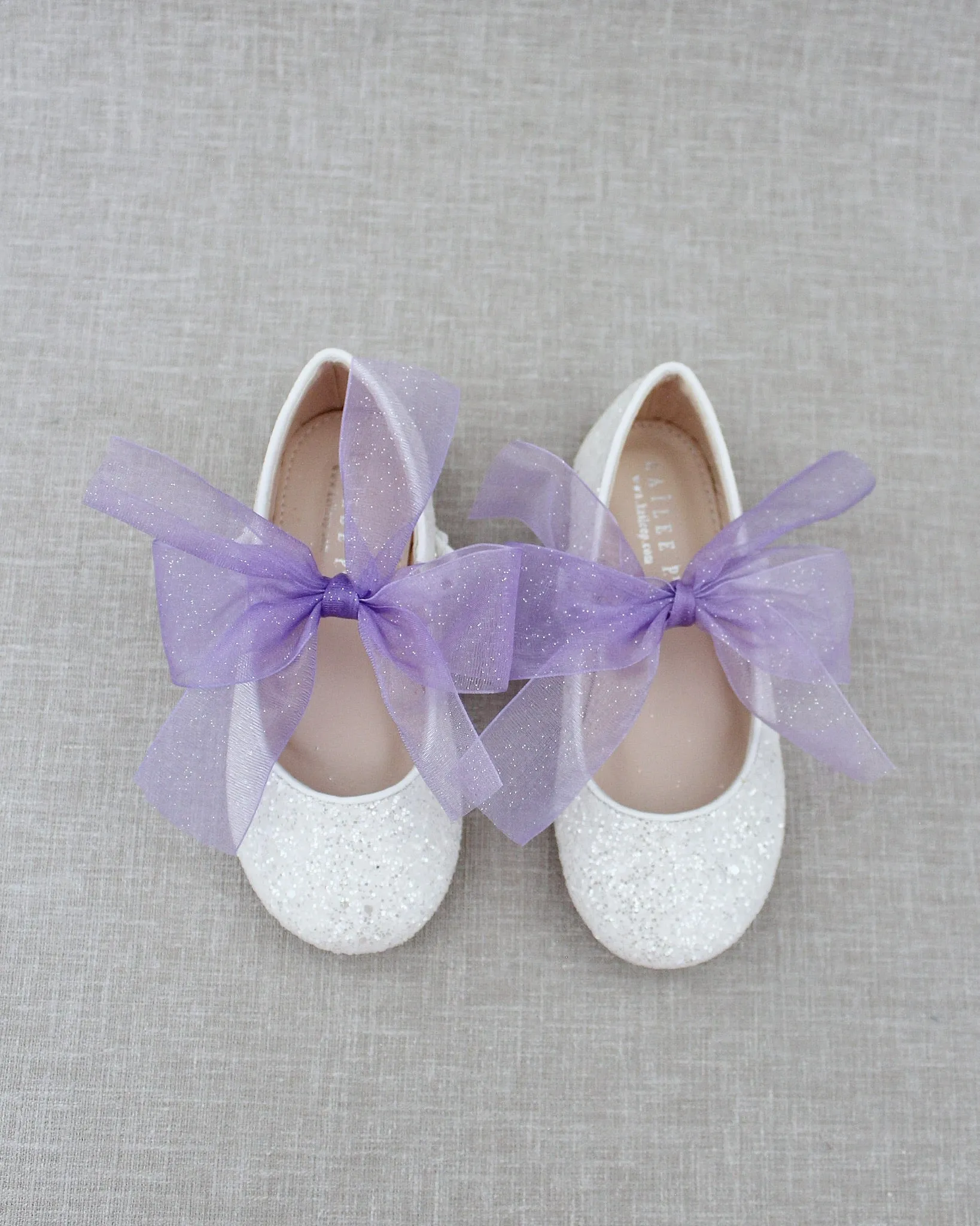 Fairy Inspired Shoes -  White Rock Glitter Mary Jane Flats with Chiffon Bow
