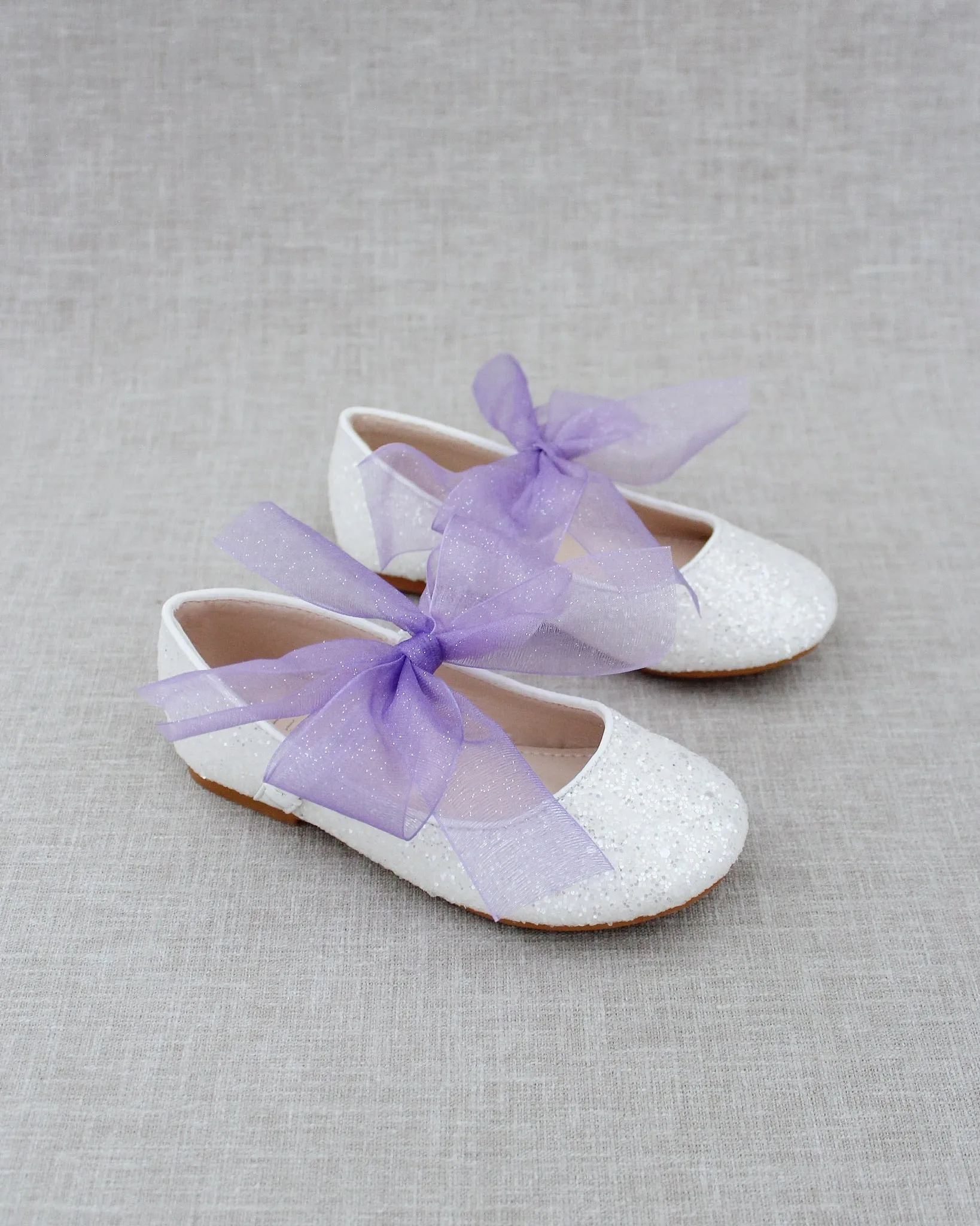 Fairy Inspired Shoes -  White Rock Glitter Mary Jane Flats with Chiffon Bow