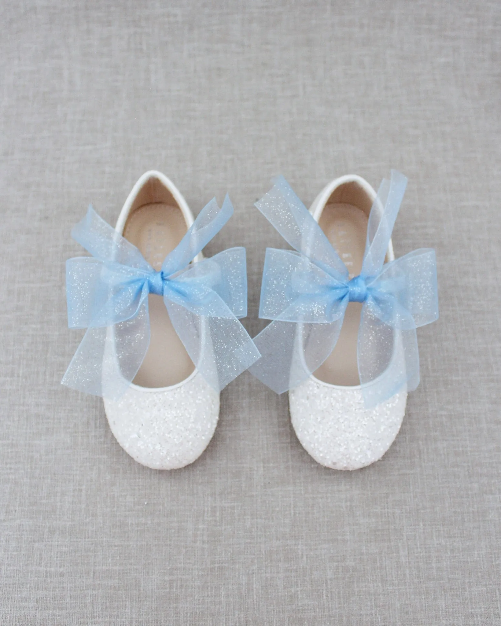 Fairy Inspired Shoes -  White Rock Glitter Mary Jane Flats with Chiffon Bow