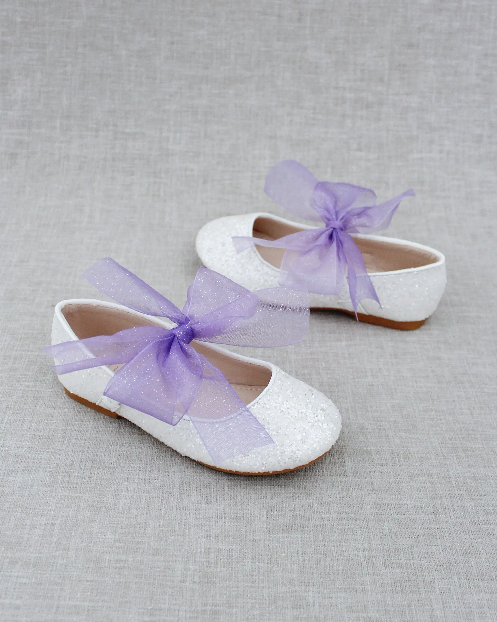 Fairy Inspired Shoes -  White Rock Glitter Mary Jane Flats with Chiffon Bow