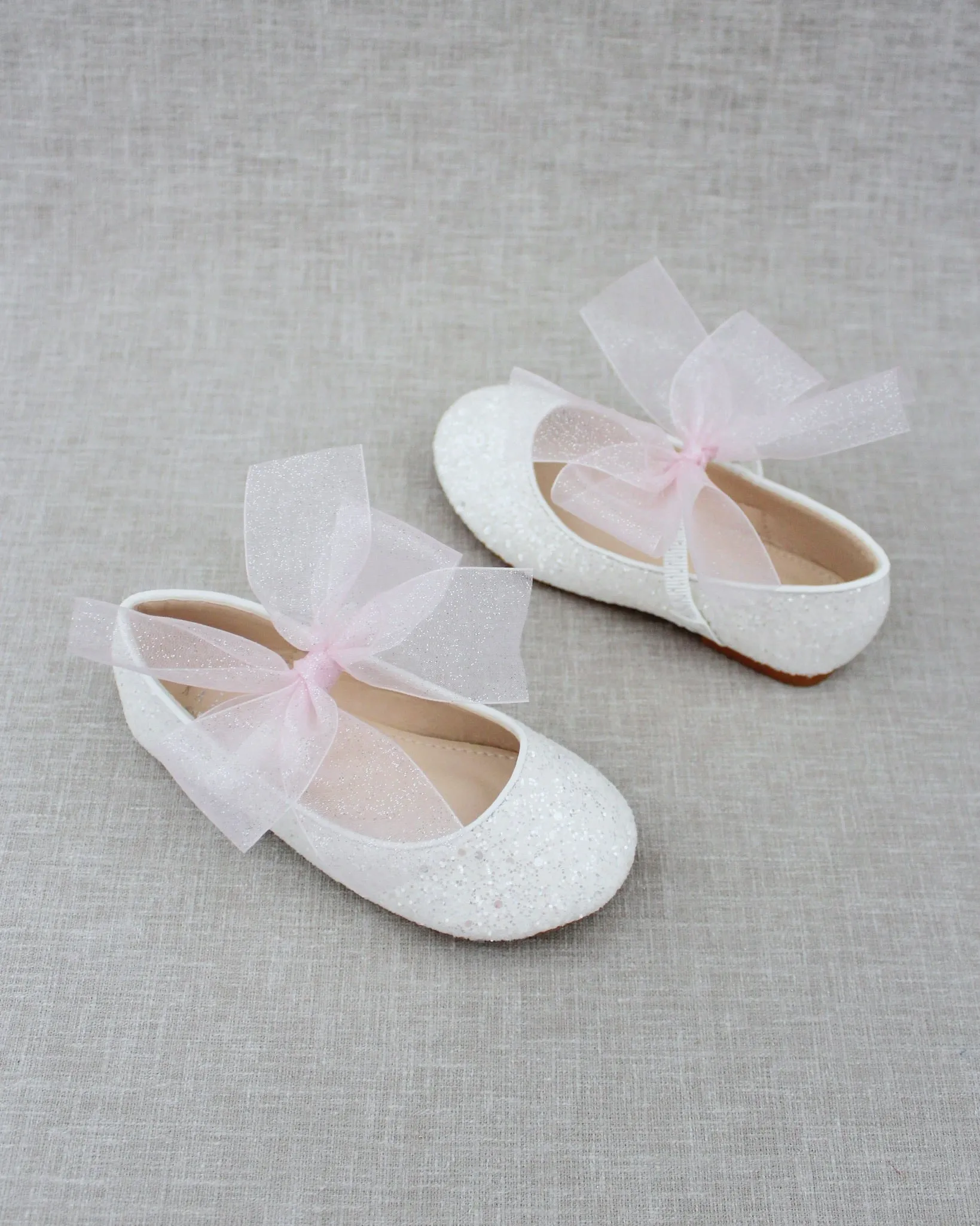 Fairy Inspired Shoes -  White Rock Glitter Mary Jane Flats with Chiffon Bow