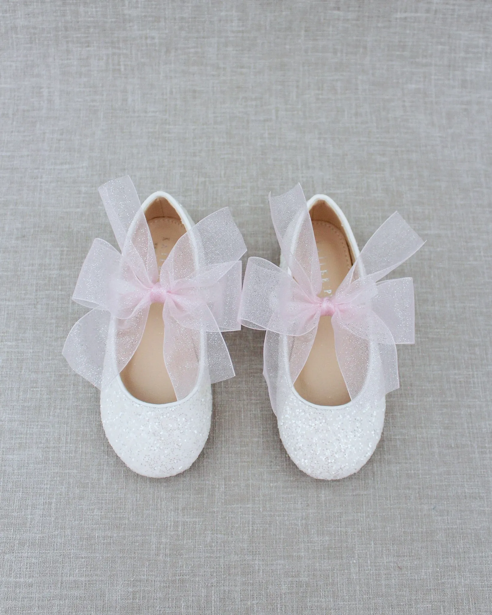 Fairy Inspired Shoes -  White Rock Glitter Mary Jane Flats with Chiffon Bow