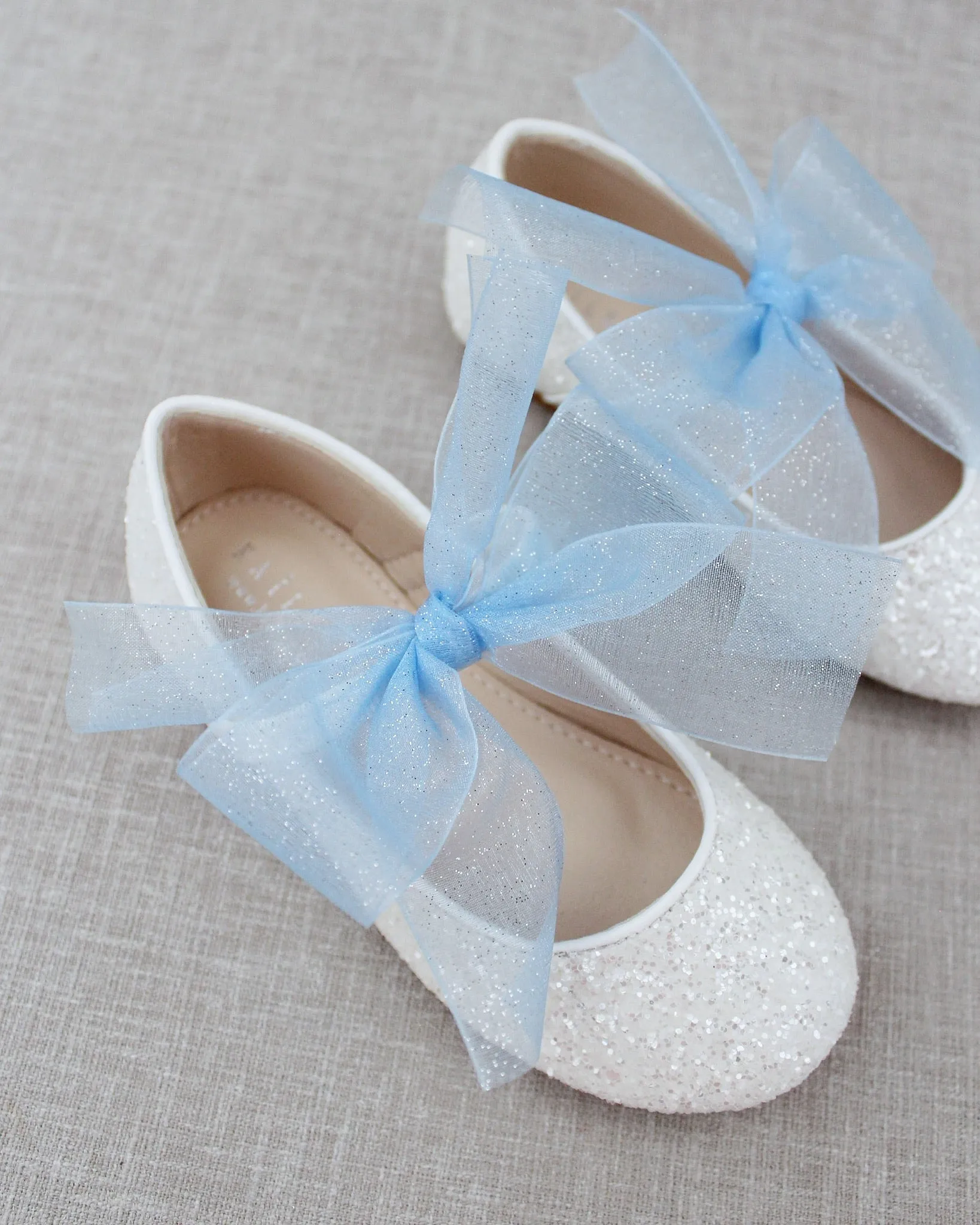 Fairy Inspired Shoes -  White Rock Glitter Mary Jane Flats with Chiffon Bow