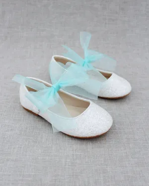 Fairy Inspired Shoes -  White Rock Glitter Mary Jane Flats with Chiffon Bow