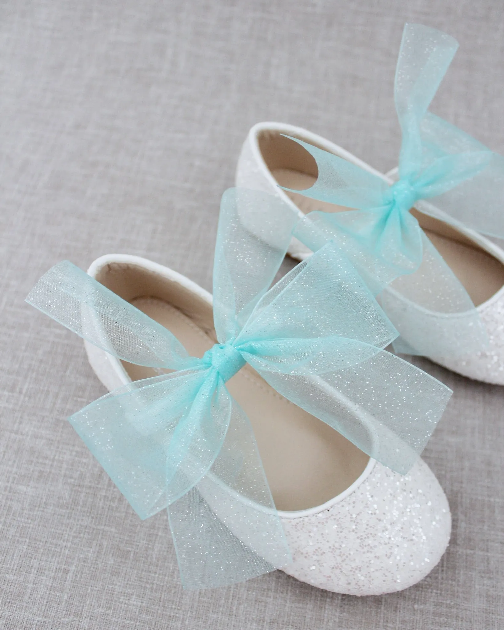 Fairy Inspired Shoes -  White Rock Glitter Mary Jane Flats with Chiffon Bow