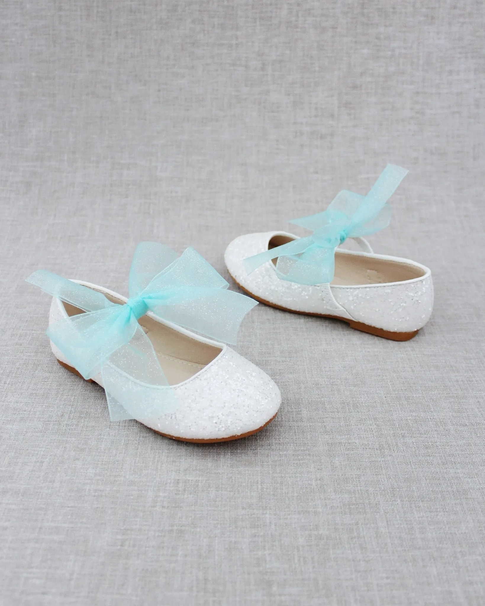 Fairy Inspired Shoes -  White Rock Glitter Mary Jane Flats with Chiffon Bow
