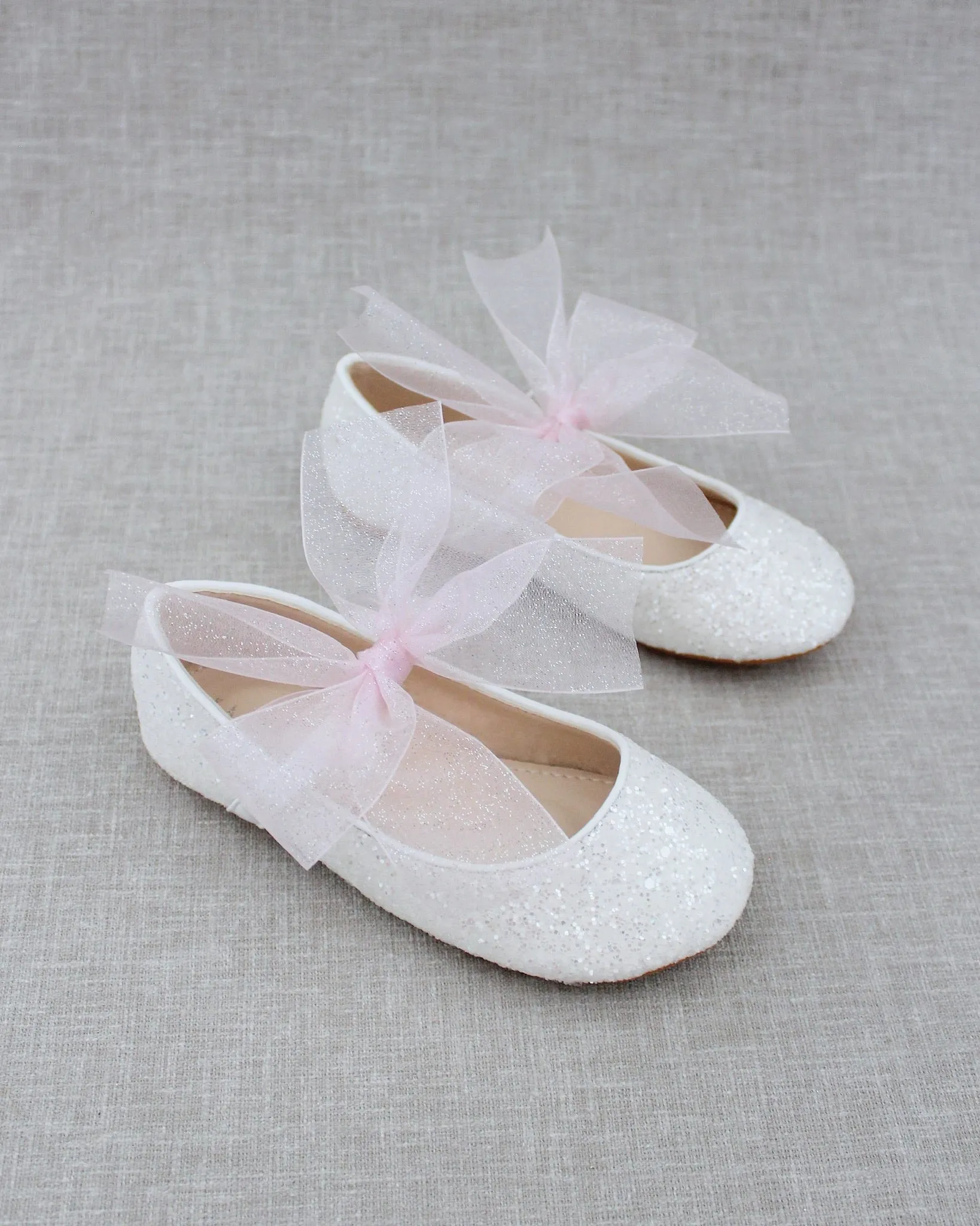 Fairy Inspired Shoes -  White Rock Glitter Mary Jane Flats with Chiffon Bow