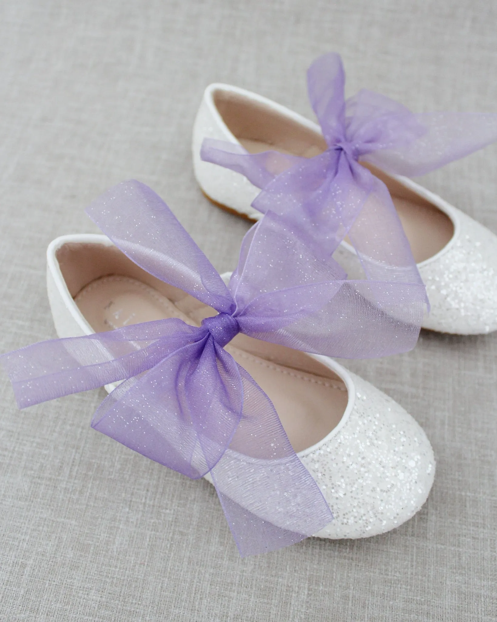 Fairy Inspired Shoes -  White Rock Glitter Mary Jane Flats with Chiffon Bow