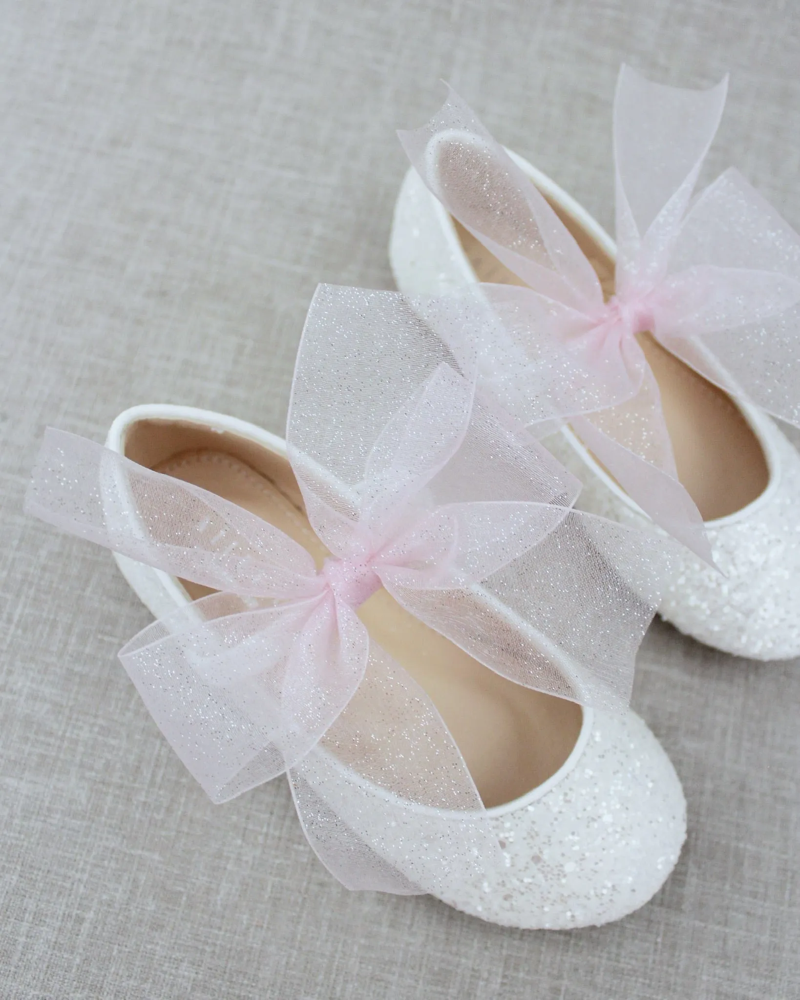 Fairy Inspired Shoes -  White Rock Glitter Mary Jane Flats with Chiffon Bow
