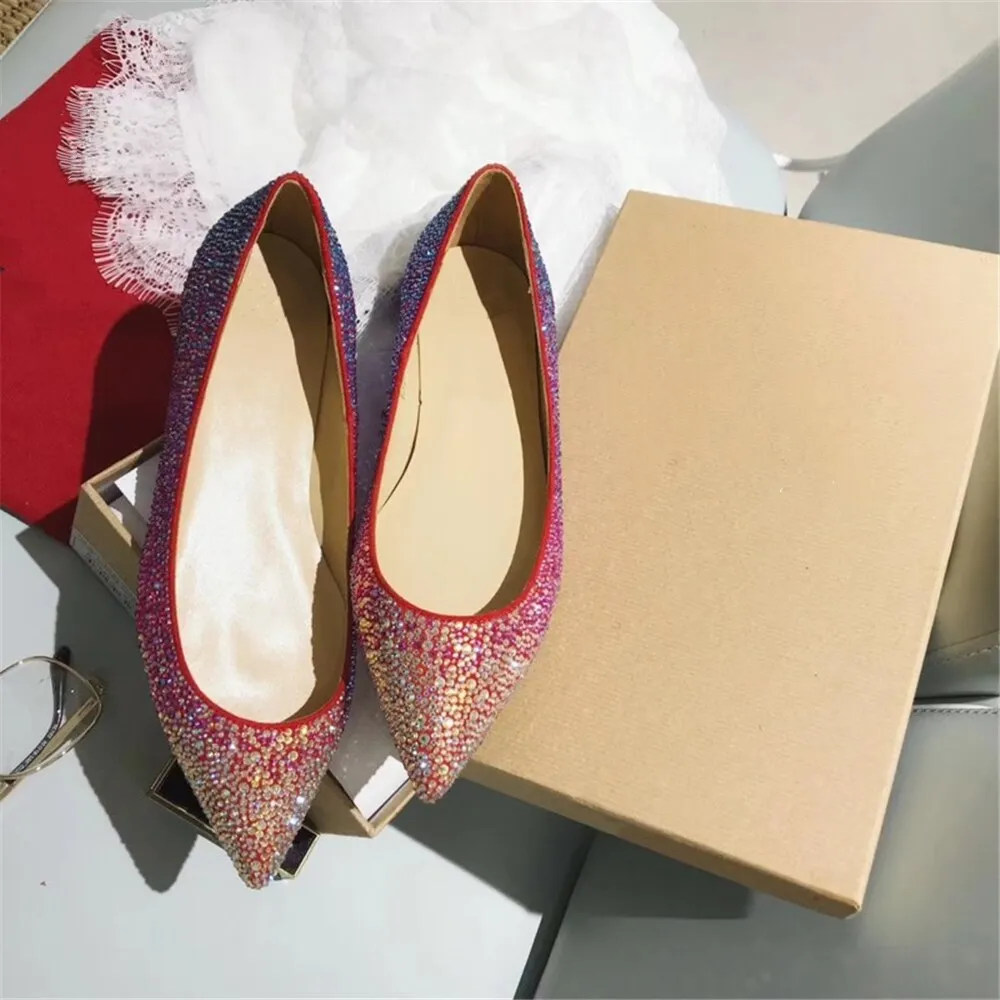 Genuine Leather Women Flat Ballet Shoes Bling Crystal Pointed Toe Flats Shoes Elegant Lady Wedding Shoes Plus 34-42