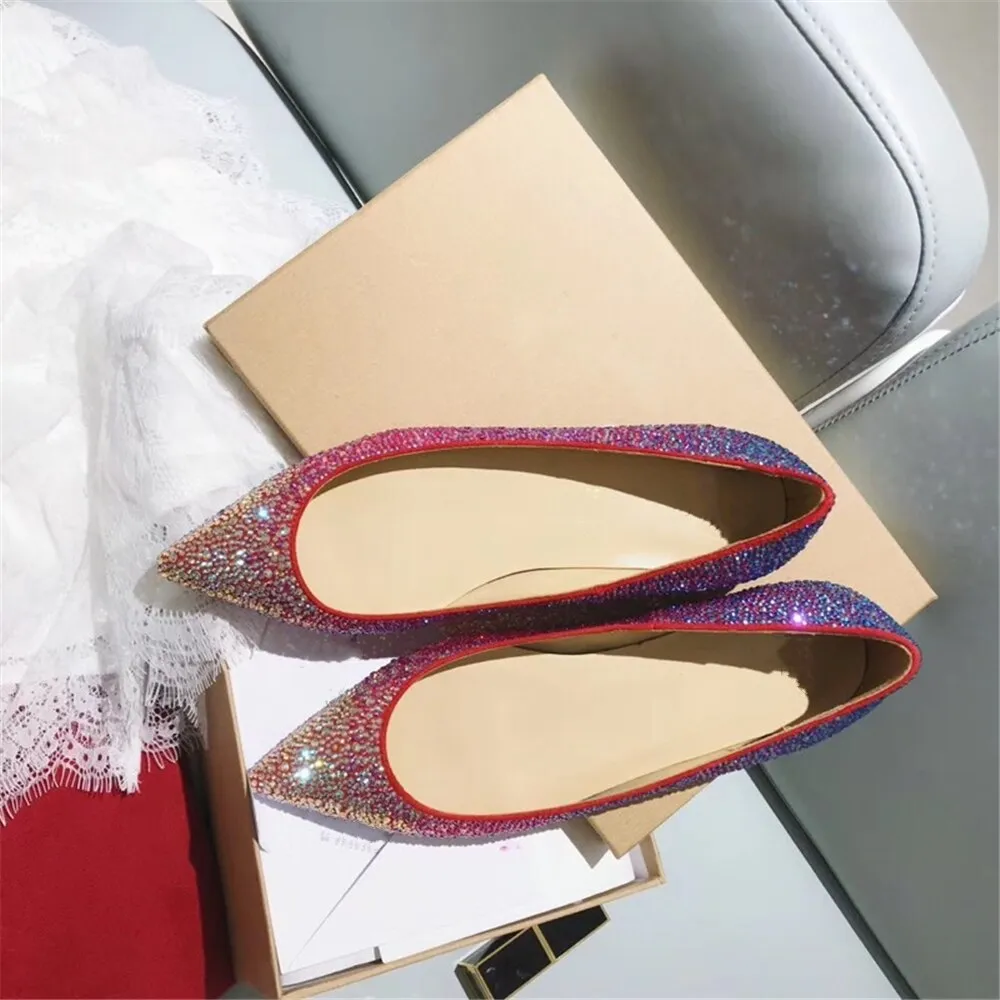 Genuine Leather Women Flat Ballet Shoes Bling Crystal Pointed Toe Flats Shoes Elegant Lady Wedding Shoes Plus 34-42