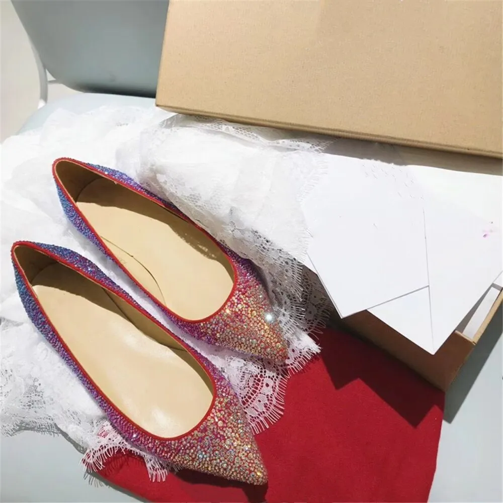 Genuine Leather Women Flat Ballet Shoes Bling Crystal Pointed Toe Flats Shoes Elegant Lady Wedding Shoes Plus 34-42
