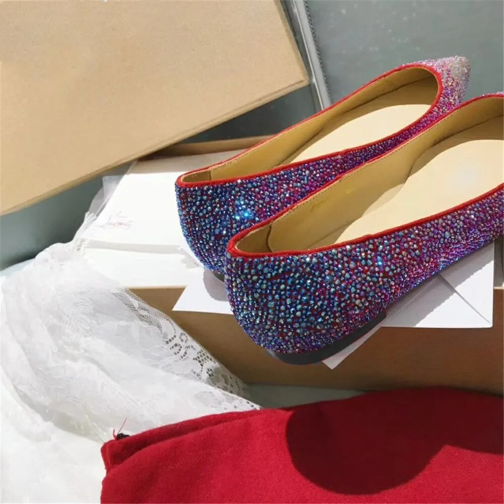 Genuine Leather Women Flat Ballet Shoes Bling Crystal Pointed Toe Flats Shoes Elegant Lady Wedding Shoes Plus 34-42