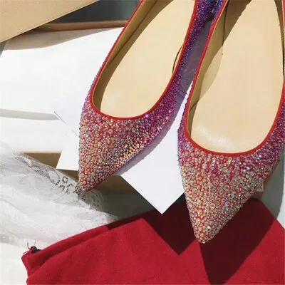 Genuine Leather Women Flat Ballet Shoes Bling Crystal Pointed Toe Flats Shoes Elegant Lady Wedding Shoes Plus 34-42