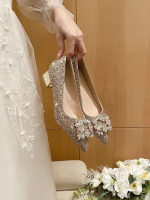 Glitter Point Toe Block Heel Pumps