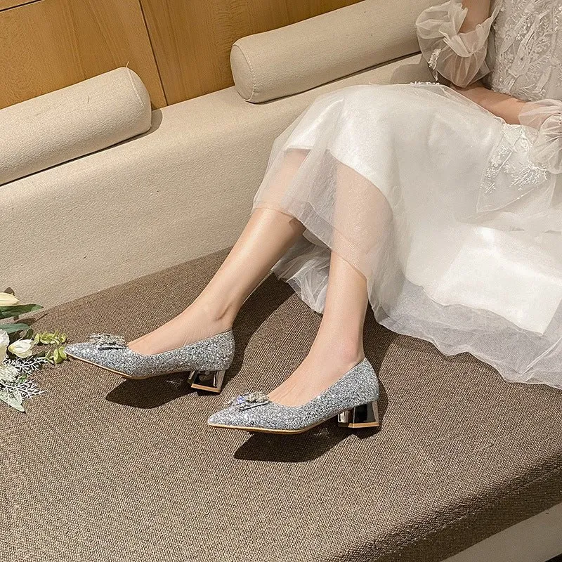 Glitter Point Toe Block Heel Pumps
