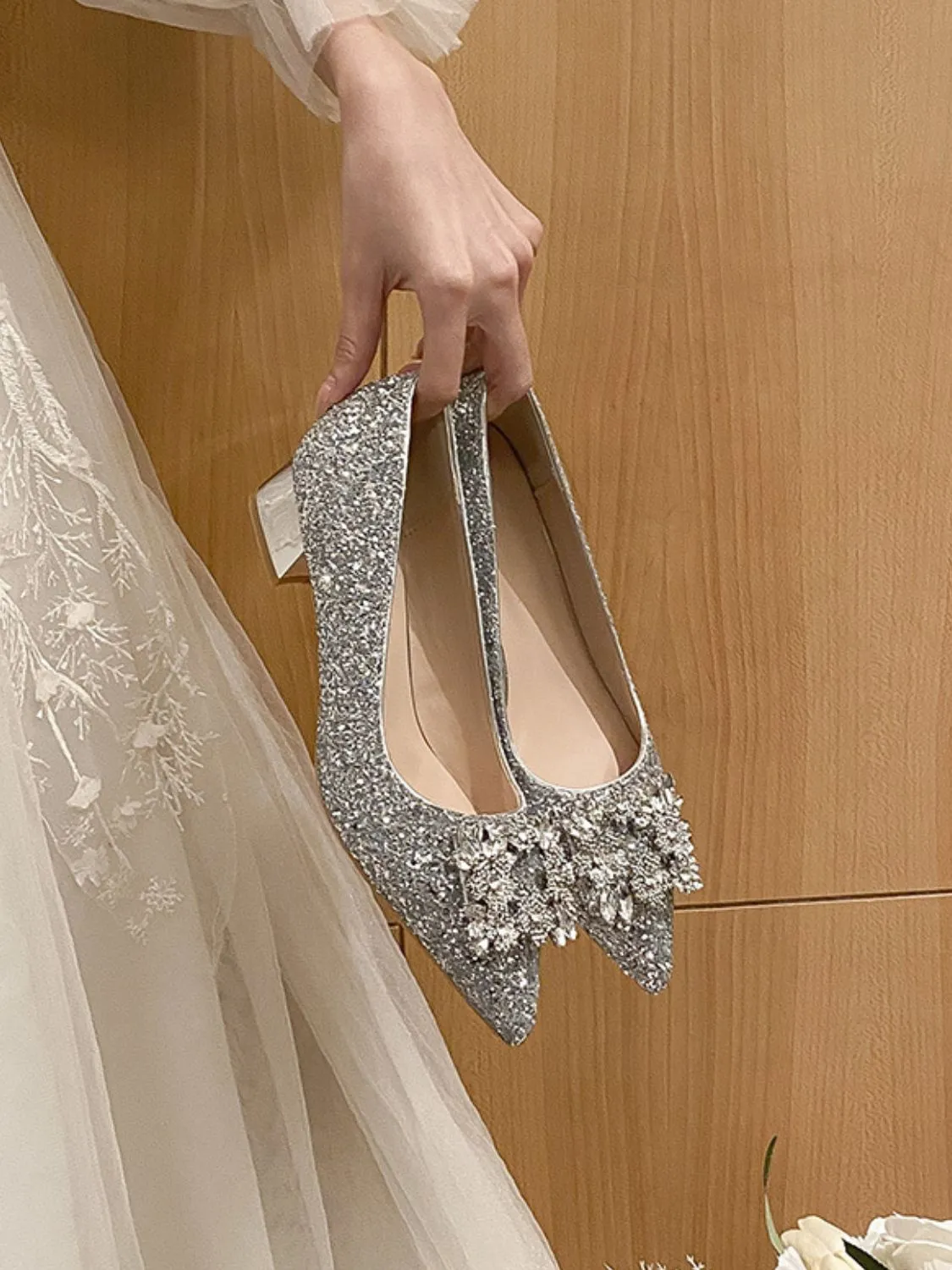 Glitter Point Toe Block Heel Pumps