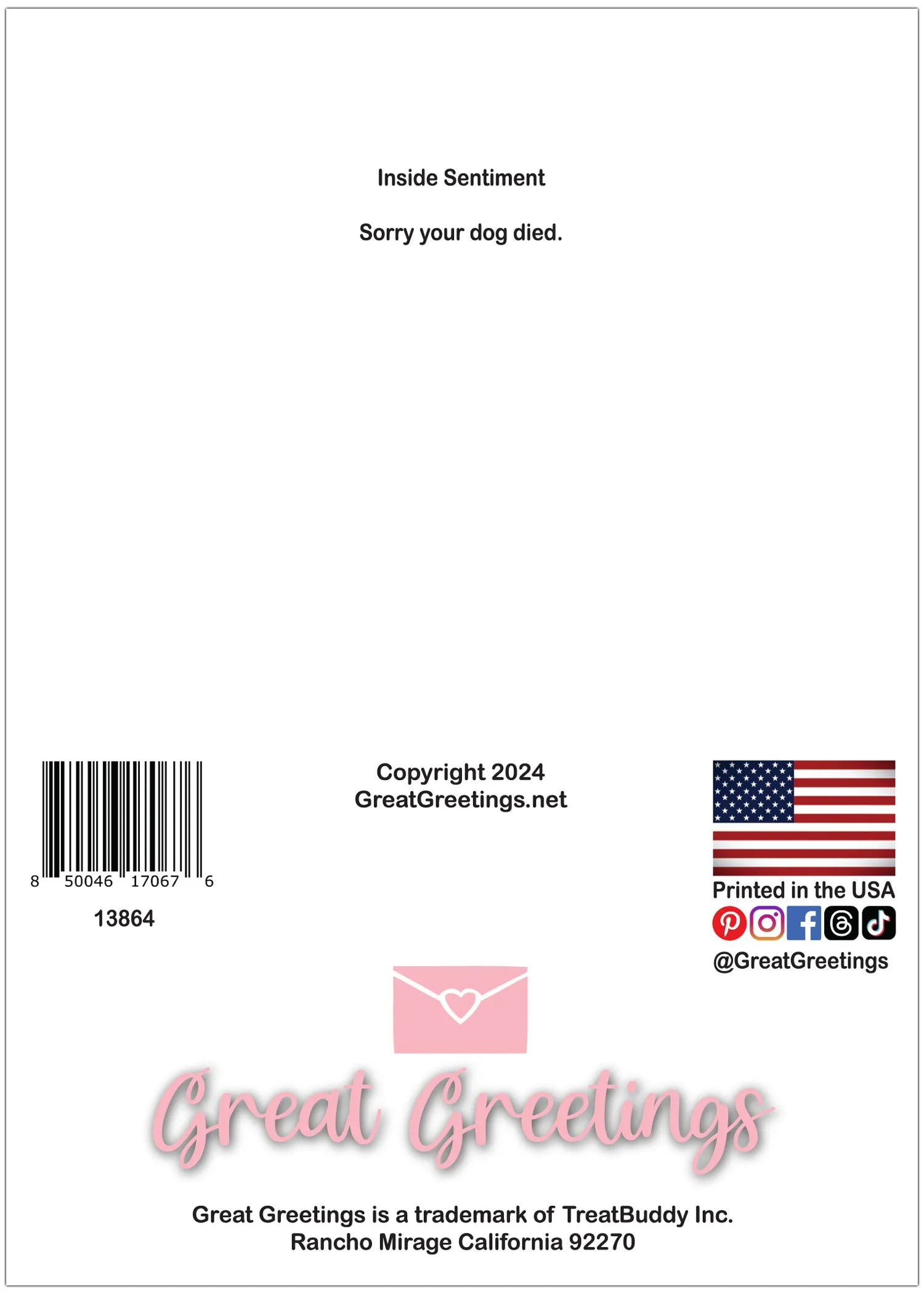 Great Greetings Dude, That Sucks Sorry Your Dog Died Bereavement/Sympathy Card