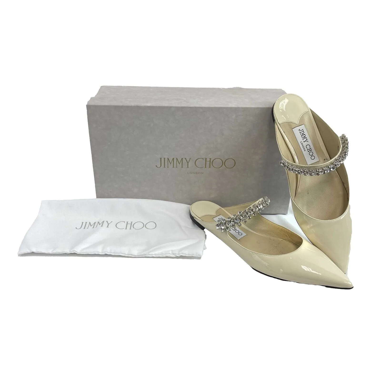 Jimmy Choo -Bing Flat - Cream Patent Leather - Crystal Strap - 36 US 6