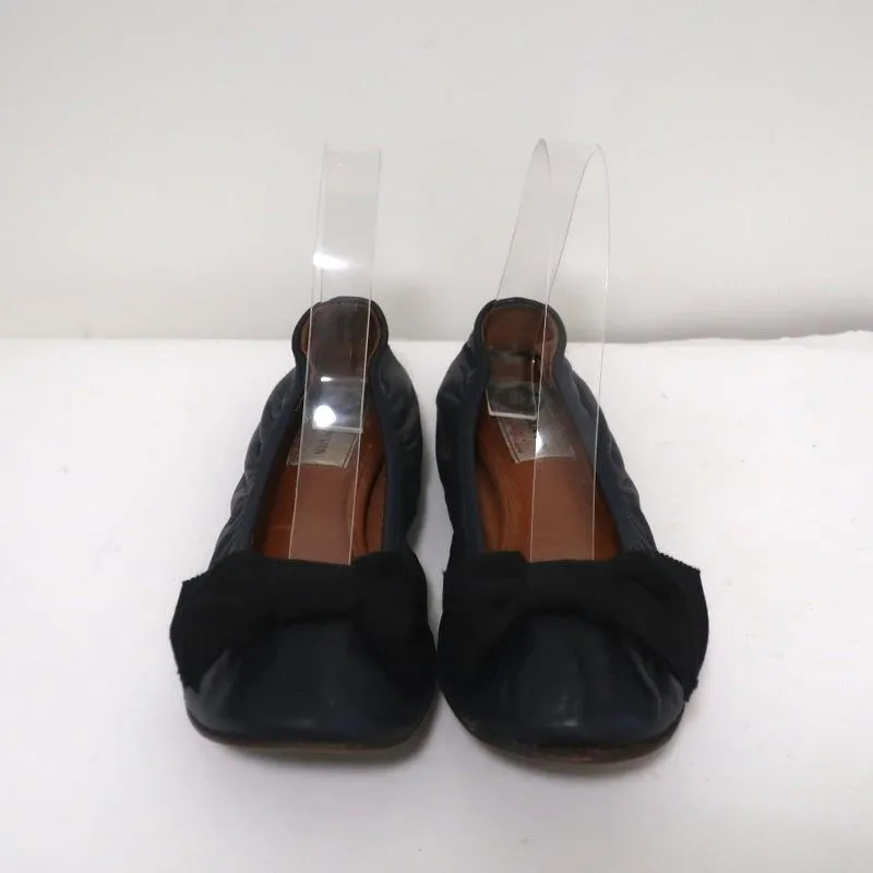 Lanvin Bow Ballet Flats Navy Leather Size 38.5