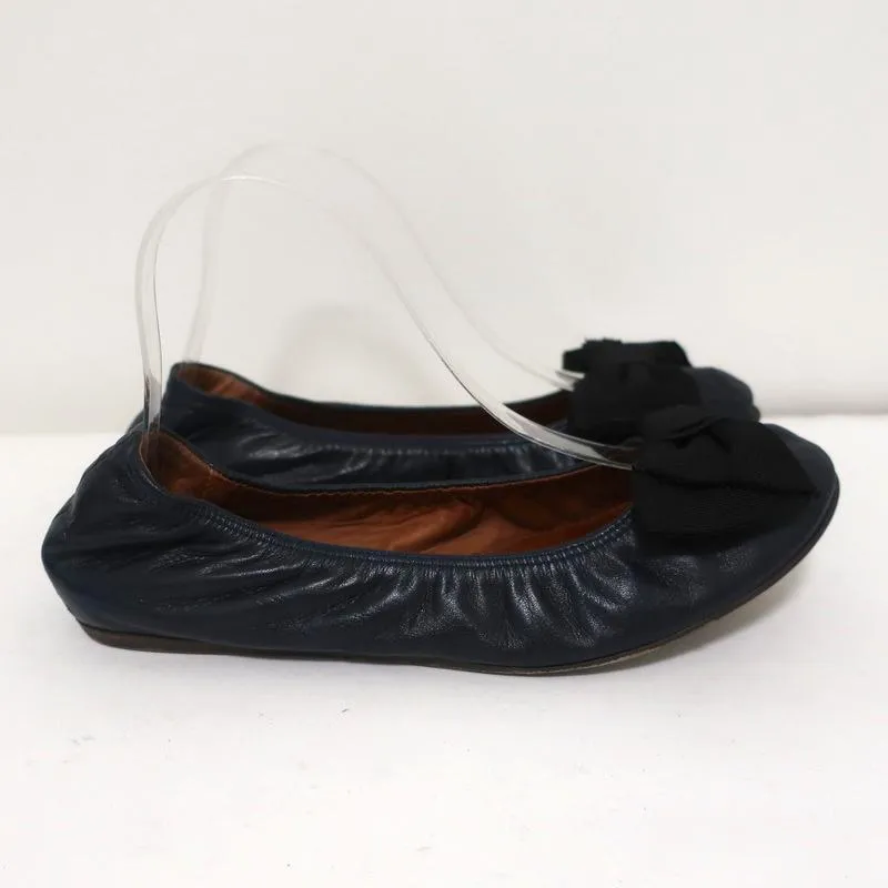 Lanvin Bow Ballet Flats Navy Leather Size 38.5