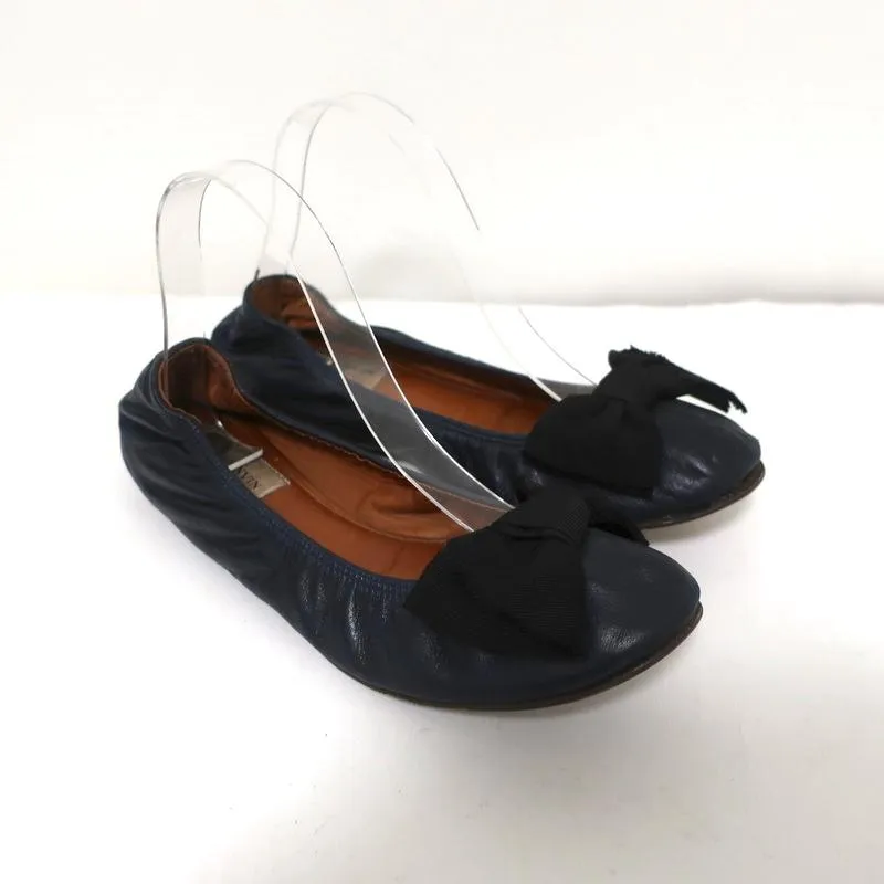 Lanvin Bow Ballet Flats Navy Leather Size 38.5