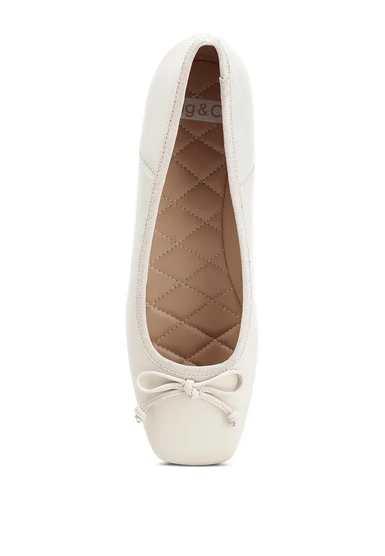 Lutten Genuine Leather Square -Toe Bow Ballerinas