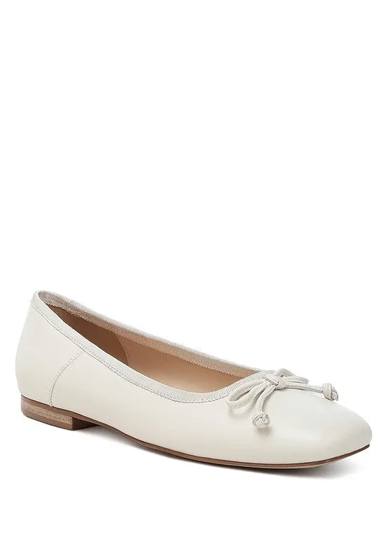Lutten Genuine Leather Square -Toe Bow Ballerinas