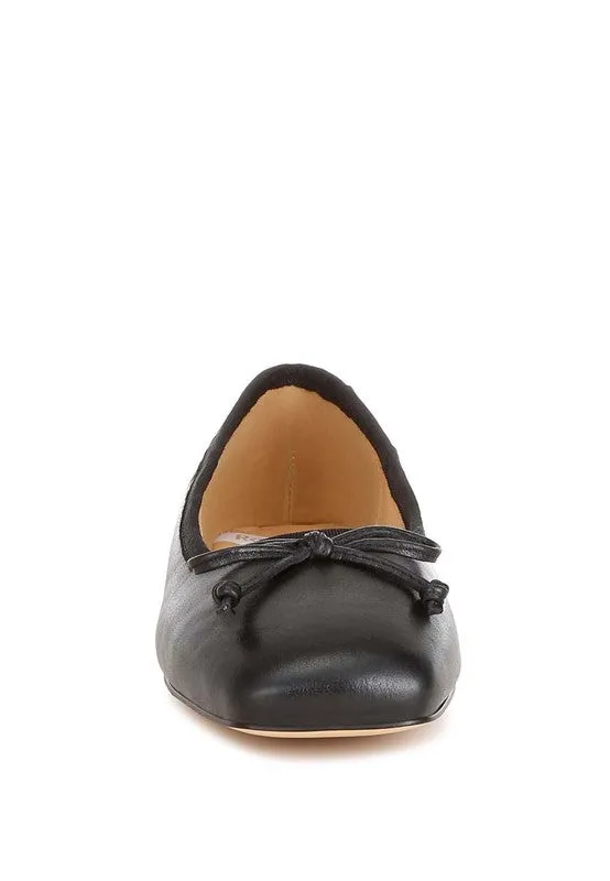 Lutten Genuine Leather Square -Toe Bow Ballerinas