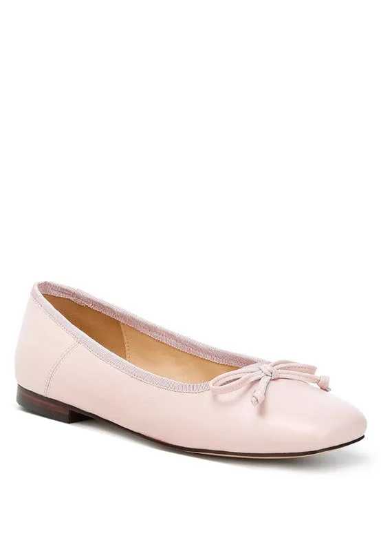 Lutten Genuine Leather Square -Toe Bow Ballerinas