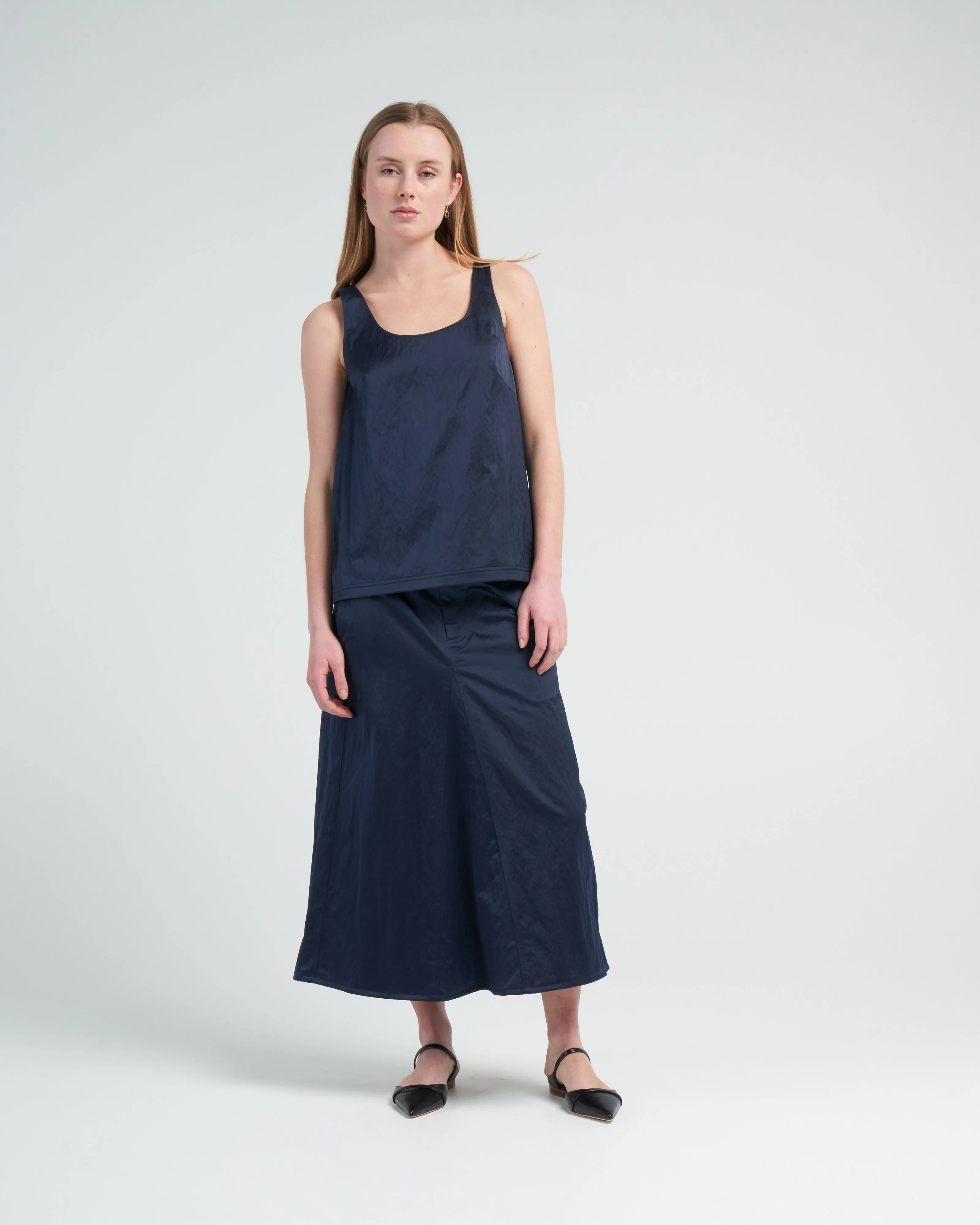 luxe eco satin nylon scoopneck tank - navy