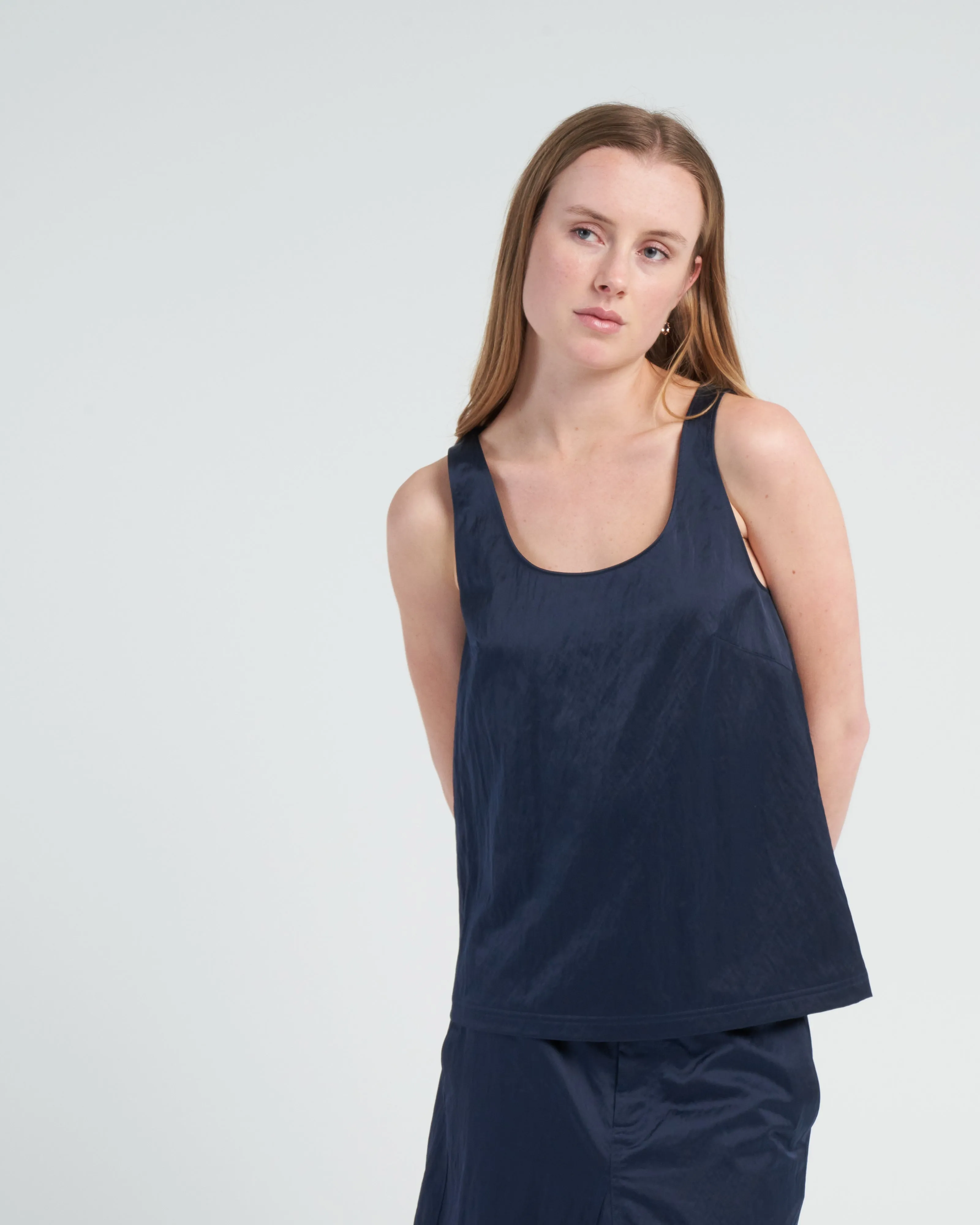 luxe eco satin nylon scoopneck tank - navy