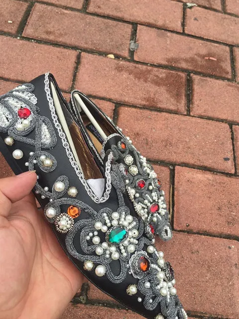 Luxury Colorful Rhinestone Flowers Women Pointy Toe Flats Fashion Ladies Slip On Ballet Flats Golden Embroidery Sexy Flats