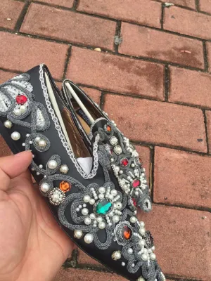 Luxury Colorful Rhinestone Flowers Women Pointy Toe Flats Fashion Ladies Slip On Ballet Flats Golden Embroidery Sexy Flats
