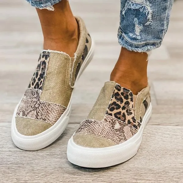 Lydiashoes Pieced Raw Edge Animal Print Canvas Slip-On Flats