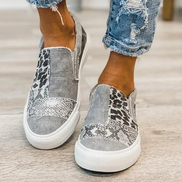 Lydiashoes Pieced Raw Edge Animal Print Canvas Slip-On Flats