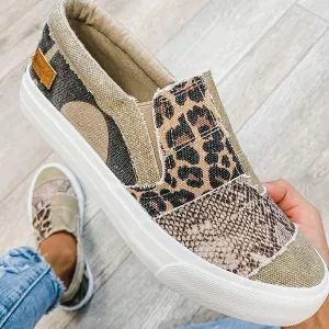 Lydiashoes Pieced Raw Edge Animal Print Canvas Slip-On Flats