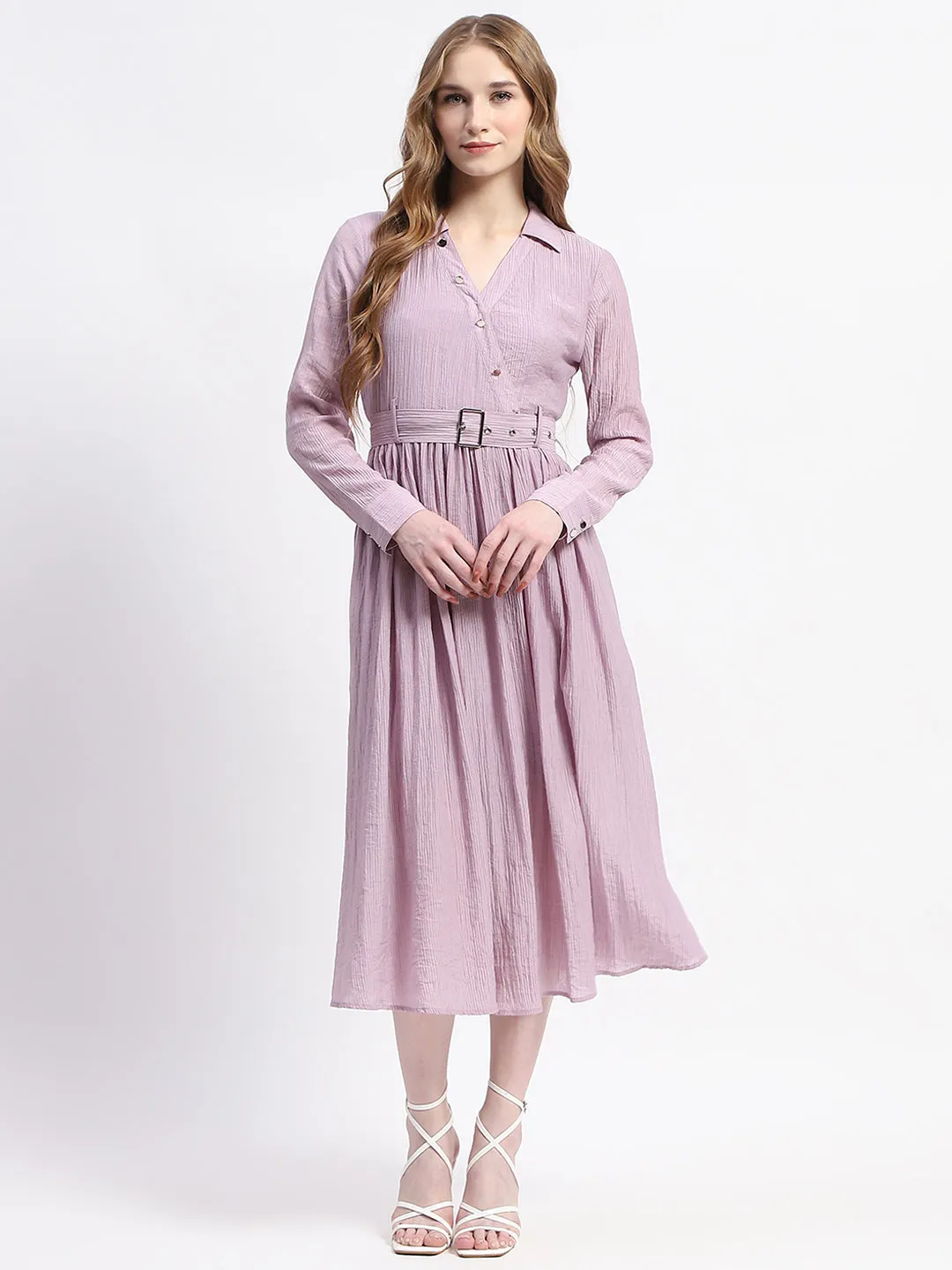 Madame Pleated Cotton Blend Mauve Shirt Dress