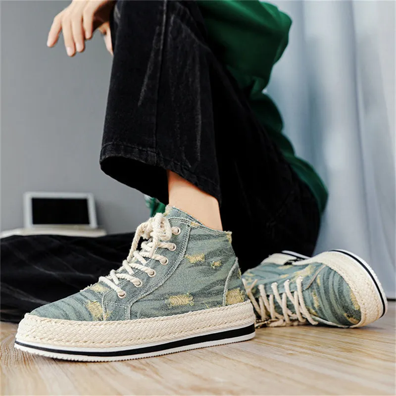 Men's Trendy High Top Lace Up Denim Canvas Shoes