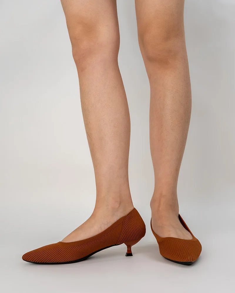 Orange Solid Color Pointed-Toe Striped Kitten Heels