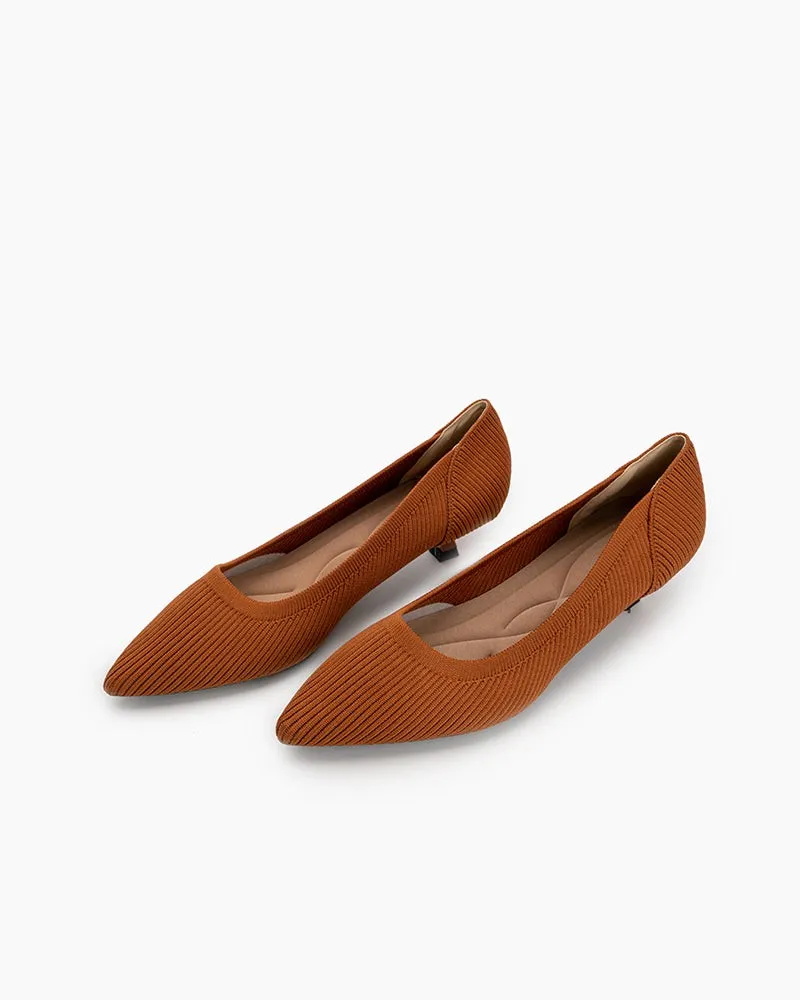 Orange Solid Color Pointed-Toe Striped Kitten Heels