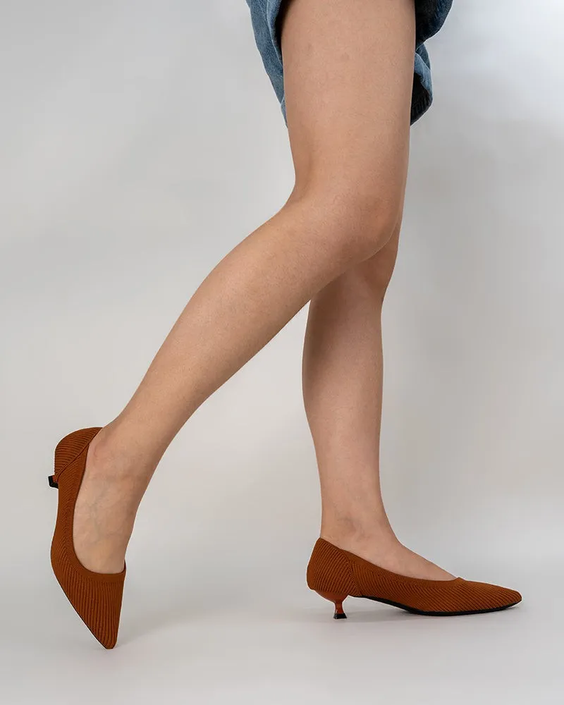 Orange Solid Color Pointed-Toe Striped Kitten Heels