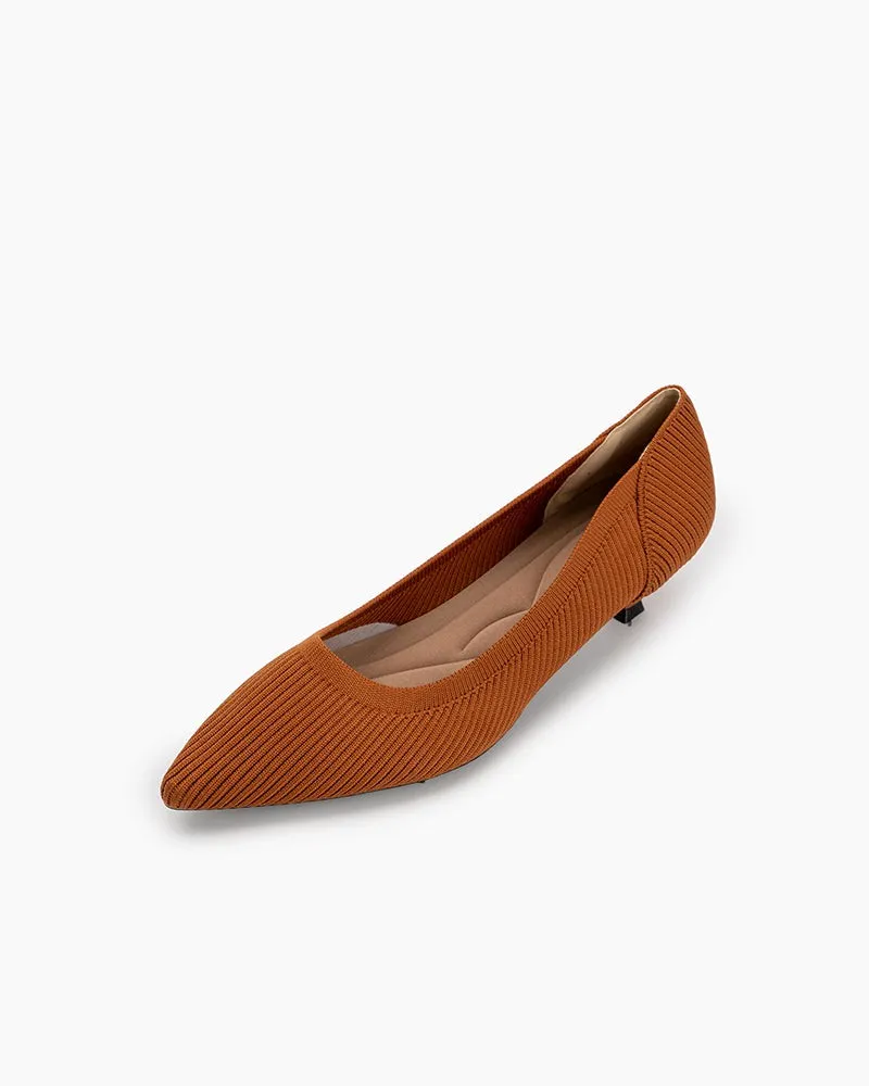 Orange Solid Color Pointed-Toe Striped Kitten Heels