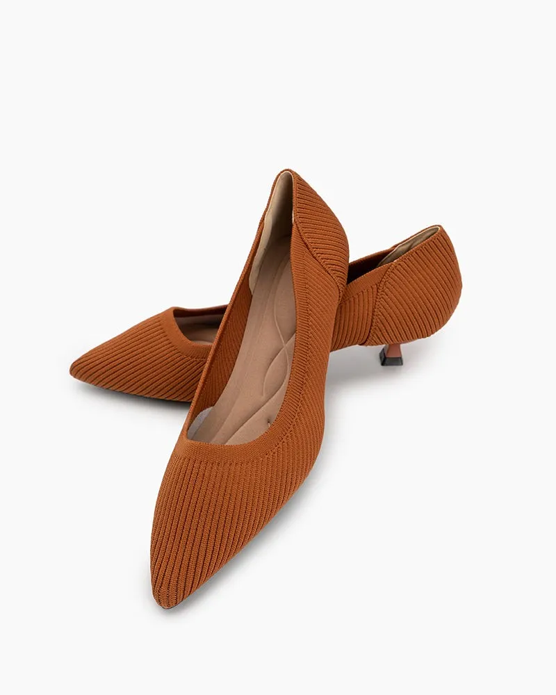 Orange Solid Color Pointed-Toe Striped Kitten Heels