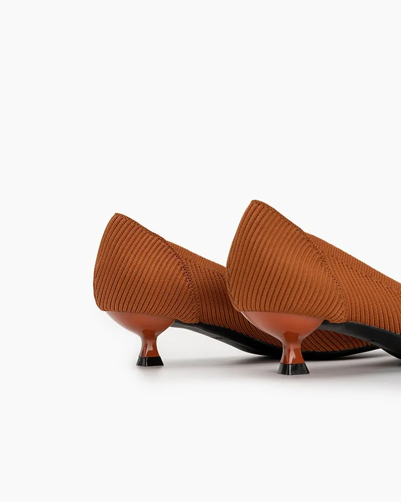 Orange Solid Color Pointed-Toe Striped Kitten Heels